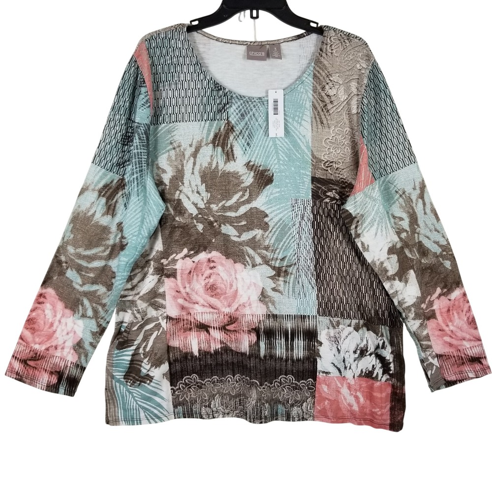Chico's Soft Rose Scoop Neck Knit Tunic Dusty Sage‎ Floral Patchwork Top Sz 3 XL